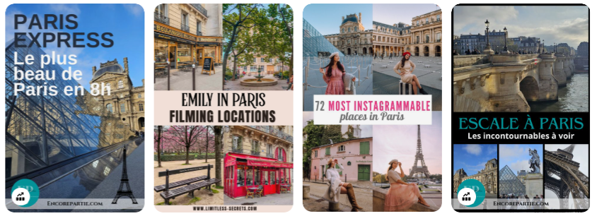 exemples d'épingles Pinterest à propos de l'organisation d'un voyage à Paris dans mon article Comment utiliser Pinterest pour promouvoir votre agence de voyage efficacement #pinterest #agencedevoyage #adjointevirtuelle